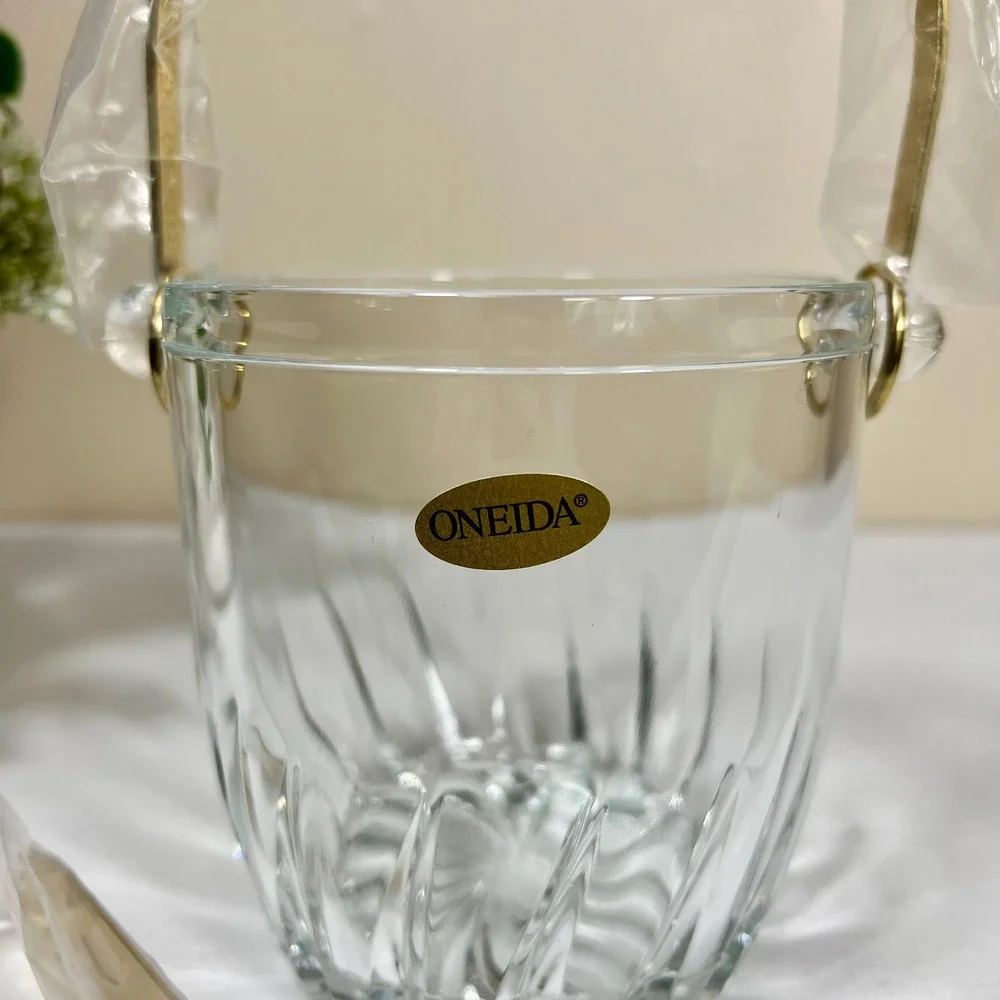 Vintage Crystal Oneida Ice Bucket with Gold Tongs | New without Box